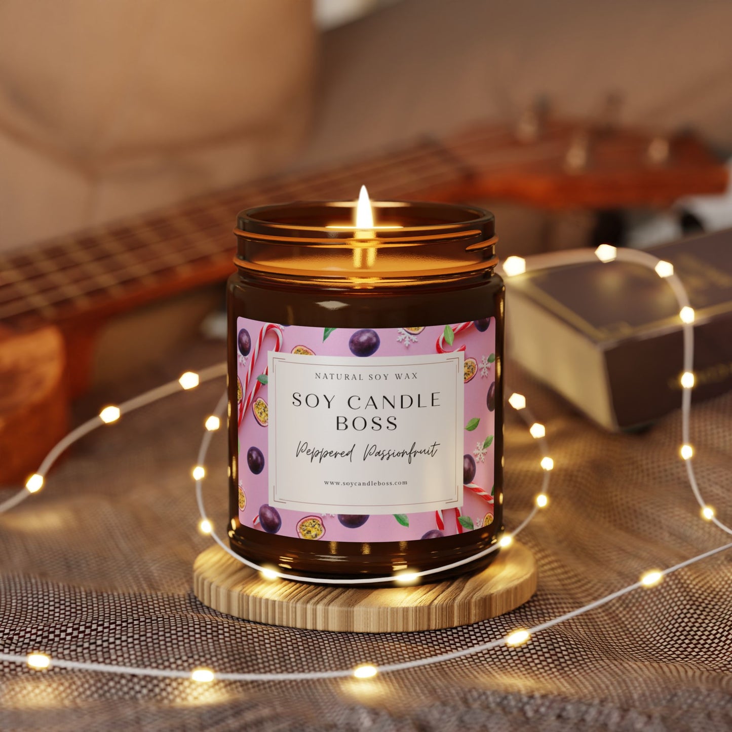 Scented Soy Candle - Peppered Passionfruit, Cozy Aromatherapy in Amber Jar, 9oz