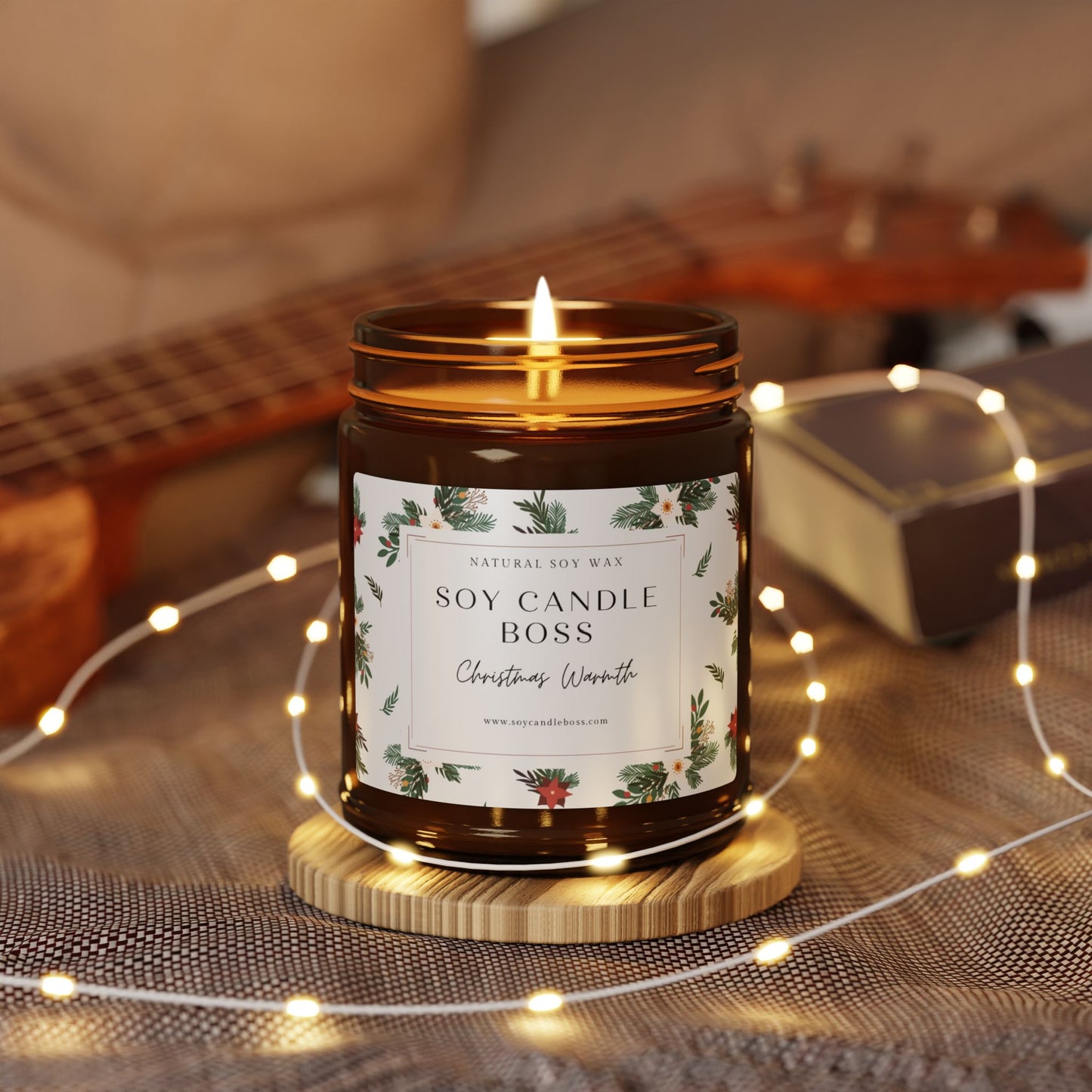 Scented Soy Candle - Christmas Warmth, Cozy Aromatherapy in Amber Jar, 9oz